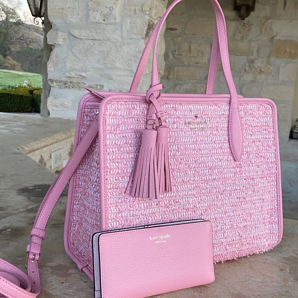 NWT Kate Spade Top zip tweed Satchel&wallet pink - Picture 2 of 12